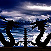 sarcastic_ink: Two stone dragons facing each other with a dark blue/vaguely ominous sky background. (dragon: two dragons)
