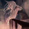 wispywillow: digital painting of woman standing on balcony, looking over what is below her, hair billowing in the wind (girl city looking down)