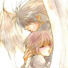 anaraine: A watercolor crop of Kusakabe Kaname holding Kirihara Mana, with his wings folded around them both. ([juvenile orion] hold me close)