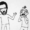 salamandroid: A young man with scissors in his head being surprised at the appearance of Hugh Laurie. (the doctor is hugh laurie)