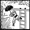 ninamalfoy: b/w illustration of a boy jumping off a ladder holding an umbrella (from 'Das fliegende Klassenzimmer') (dfk:omg uli)