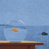 ninamalfoy: cut-out of the cover of 'Das Kartengeheimnis': goldfish in bowl on table in front of sea, small boat on the right (quint buchholz:das kartengeheimnis)