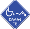 meteloides: A blue diamond-shaped sign, showing a wheelchair and a person fallen out of it, with text saying "Damn it". (damnit disability)