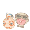 terabient: a tiny round android and a scavenger celebrate on infinite loop (TFA: BB-8 & Rey celebrate)