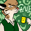 ocelotish: An anthro ocelot in a suit named Claude, smiling holding a cup of tea (which is also smiling) (Claude - Tea)
