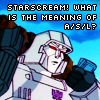 kryptoncat: G1 cartoon Megatron is scowling at a blue phone-like device. Text: "Starscream! What is the meaning of A/S/L?" (IT MEANS ALLOW STARSCREAM LEADERSHIP! HA)