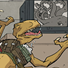 so_many_crystals: Dr Dinosaur exulting over a tv, which is displaying a black-and-white octopus attacking a robot (all your primitive television channels)