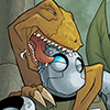 so_many_crystals: Dr Dinosaur clinging to Atomic Robo, trying to gnaw on his head. Without much success, because it's made of metal. (I'm eating your head)