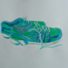 raininshadows: Watercolor drawing of a pair of blue and green running shoes, unlaced. (running shoes)
