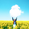 foursweatervests: girl, gold and blue, field, cloud (The cloudcatcher)