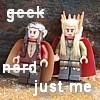 ysilme: Lego Thranduil and Lego Elrond with strikethrough captions: "geek nerd just me". (Geeky)