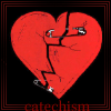 catechism: red heart, broken and safety-pinned together, on a black background (broken heart)