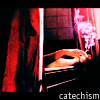 catechism: woman in bathtub, smoking, obscured by red curtain. one arm & leg hang out; her hand holds a burning cigarette. (smoke)