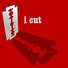 catechism: silver razordblade on red background. white text says 'i cut,' to match m's 'because i can' icon. (cutting)