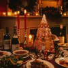 lark_in_flight: image of a festive Christmas table, with food and wine and candles & a tall centerpiece made out of desserts (la fête)