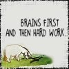 yunitsa: eeyore makes letter A out of twigs, text "brains first and then hard work" (brains first)