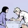 suzy_queue: Kate and Clint sit across a table and hold hands in the middle while Lucky watches (Hawkeye: Comfort)