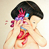 laulan: Stylized art of a girl holding her own heart, as big as her head, up to her ear. ([misc] beating bleeding heart)