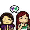 laulan: Adorably drawn Sandy and Danneel smiling, a speech bubble with two hearts in it floating over their heads. ([east of west of] girls kick ass.)