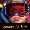 miella: kid in ski goggles with tongue out, 'contrary for fun' text (contrary)