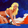 laulan: Painting of two girls half-undressed in a bed, laughing. Things are definitely heading in a sexy direction. ([misc] voulez-vous?)