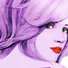 laulan: A painting of a lady glancing enigmatically over her shoulder, done all in purple but for her red lips. ([misc] lady in purple)