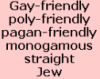 thnidu: Gay-friendly poly-friendly pagan-friendly monogamous straight Jew (friendly)