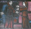 yrieithydd: A photo of a stained glass window from Taize. Mary and Elizabeth meet. There is a faint image of John the Baptist and Jesus in their words. (Visitation)