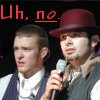 dizmo: A picture of Justin and Chris from *NSYNC, with concerned expressions, with the text 'Uh, no.' written on it. (nsync: timbertrick uh no)