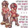 thedarkmaterial: A chibi style pirate couple in matching outfits hold hands. The accompanying text is, "Wherever we want to go, we'll go. That's what a ship is, you know." (Pirates: Freedom)