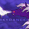 falnfenix: A dark purple horse with a pale purple mane snorts ice crystals into the air. The background is dark blue.  Beneath the horse's head is the word SKYDANCER. (i heart geeks)