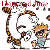 swingandswirl: gif of calvin and hobbes dancing with the caption 'dance dance' (dance dance)