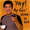 ersatzkapitaen: excited Jason Hughes and text "Yay! My fav' show is on!" (Jason - Gethin - fav show)
