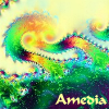 amedia: Fractal design with green, orange, and gold curlicues coming up from the bottom (dragon fractal)