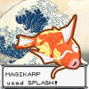 redsixwing: Magikarp used Splash! meme with gold and orange 'karp and Great Wave off Kanagawa (splash)