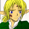 timezone: Link from the Zelda Series Ocarina of Time manga bruised and with bandages on his face looking upset and hurt (Manga Set: hurt)