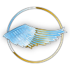 feather_song: A wing shaded chrome-like with a circle (logo)