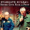 anoyo: Jack & Walter, Jack is playing with a coffee cup, text "Stargate Rule #1: Never give Rick a prop." (sg1 never give rick a prop)