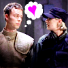 anoyo: Sam & Martouf looking at each other with a heart in a thought bubble between them. (sg1 sam martouf heart)