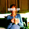 katmarajade: Woman drinking coffee with words "wake up" over her face (wake up)