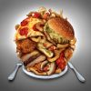 trashy_eats_too: photo of a white plate, knife and fork to either side, piled comically high with hamburgers, hot dogs, fried chicken, pizza, french fries, onion rings... (Junk Food)