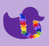 trixie: purple duck outline with rainbow colored lei around it's neck. (purple duck w/lei)