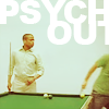runpunkrun: burton guster standing by a pool table, shawn spencer moving blurrily out of frame, text: psych out (time to fight some crime)