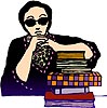 rachel_swirsky: A white person in a black lace sweater sits with a stack of books (woman with books)