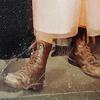 4077: brown combat boots worn with a peach dress (default)