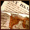 ellen_fremedon: overlapping pages from Beowulf manuscript, one with a large rubric, on a maroon ground (Default)