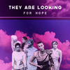 newbie1990: the wives & furiosa, purple background with pink clouds, text: 'they are looking for hope'. (mad max. hope.)