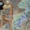 sheliak: A woman weaves on a floor loom, the cloth billowing off of it in the foreground. (weaving)