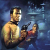 sheliak: Jim Kirk and Ael t'Rllaillieu, armed, against futuristic architecture. (kirk + ael)