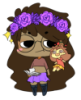 novalinium: Chibi avatar of us, with long dark brown hair, glasses, a crop top and skirt, with a sparkling flower crown in purple, holding a book. (bebinator, chibi)